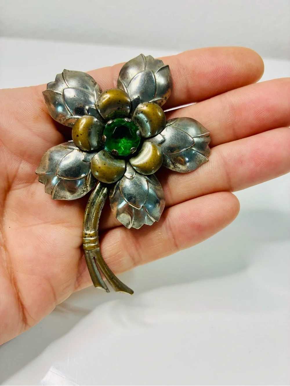 Vintage Estate Heirloom Flower Brooch with Green Glass Center